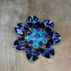 Art deco, blue glass, heavy silver floral brooch